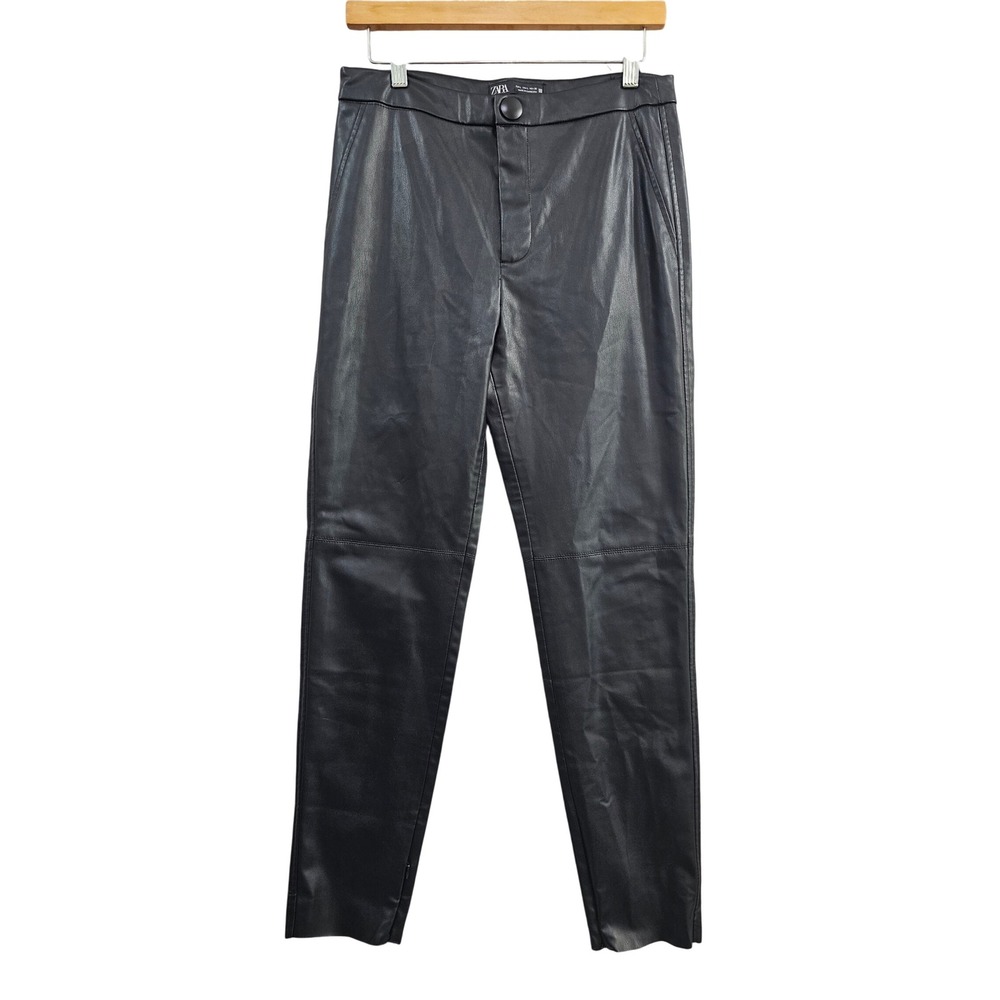 Zara Faux Leather Pants Womens L Black Solid Tapered High Waist Ankle Zip Seam